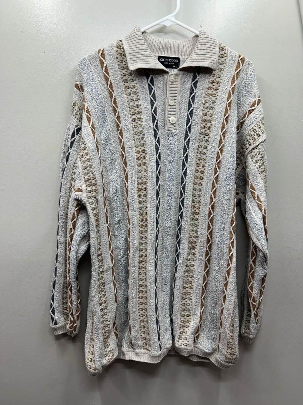 Gionfriddo Made in Italy 3D Textured Knit Long Sleeve Polo Sweater